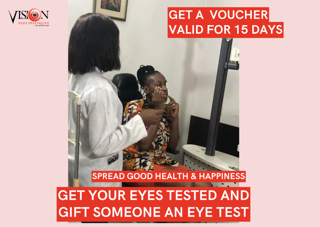 A smiling patient receiving an eye exam at Vision Plus Specialist Eye Clinic, with an optometrist adjusting the phoropter, promoting the 'Operation Give Back to Society' campaign running from 13th May to 15th June 2025 in Lagos, Nigeria."