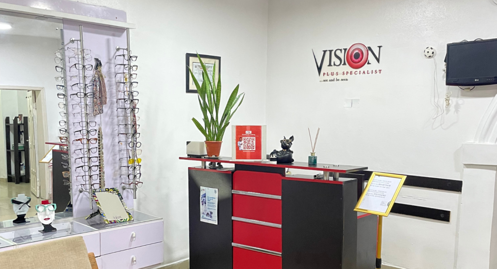 Front view of Vision Plus Specialist Eye Clinic in Ikeja, Lagos, showcasing a modern and welcoming facility for expert eye care, glaucoma treatment, and comprehensive eye services.