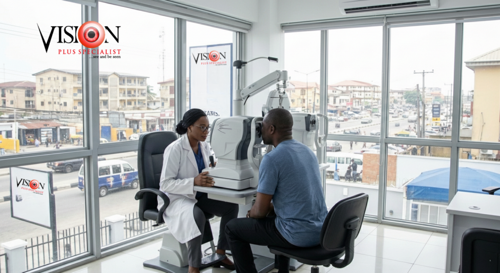 A doctor conducting an eye test in the eye clinic on Victoria Island, Lagos